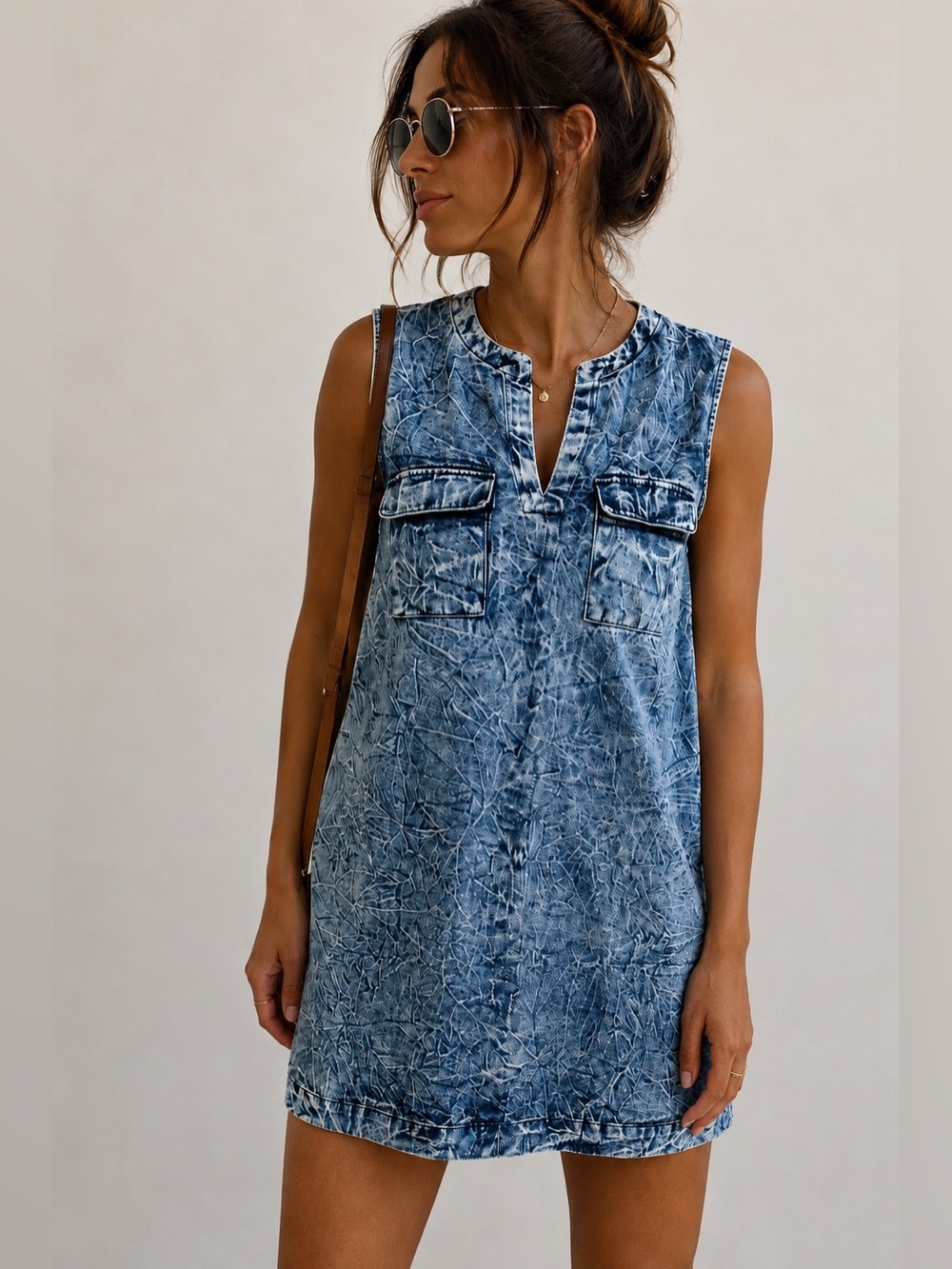 Who What Wear Acid Wash Denim Shift Dress Sleeveless Utility Mini Blue Large
